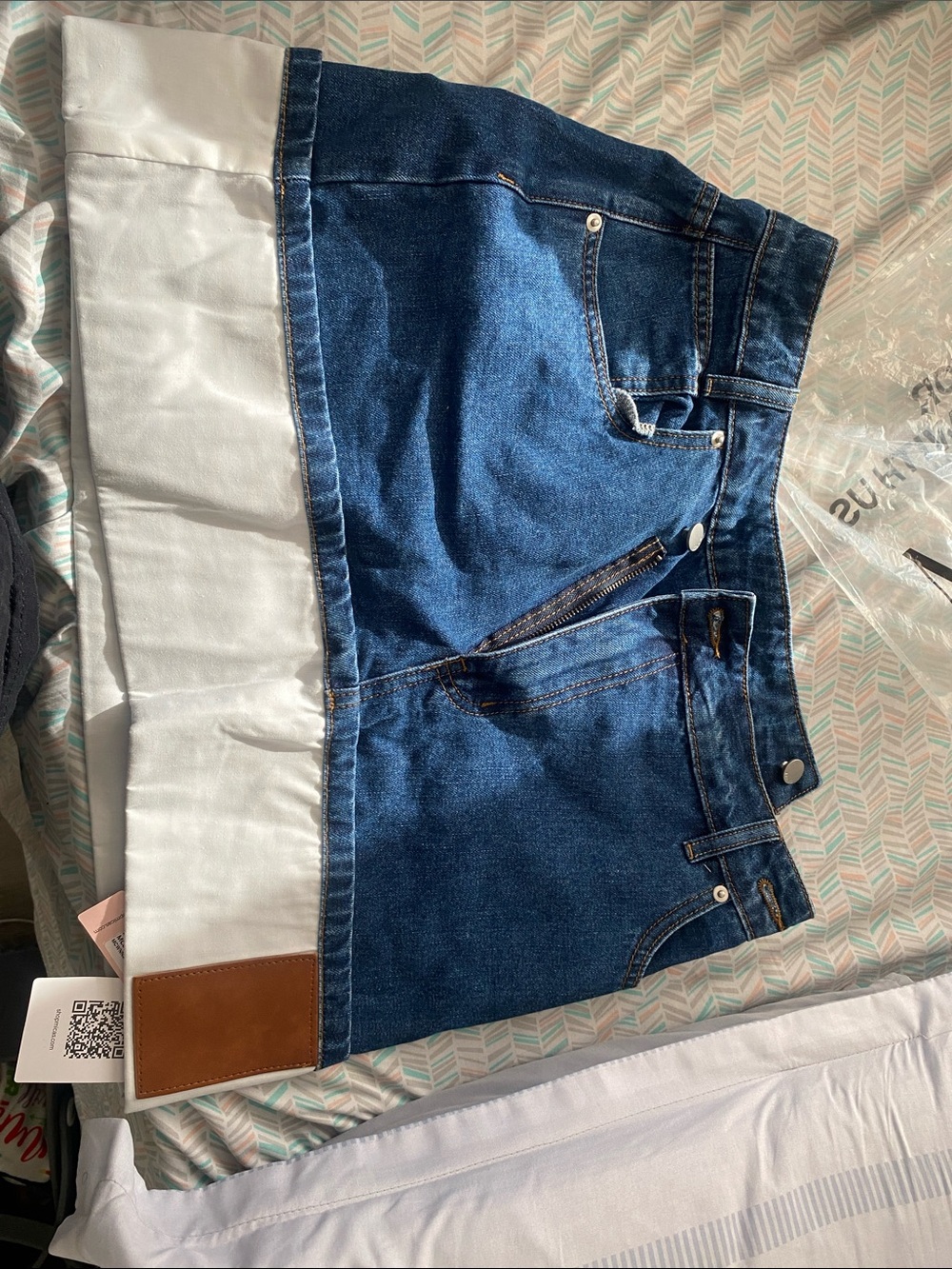 Denim High-Low Mini Skirt with White Panel